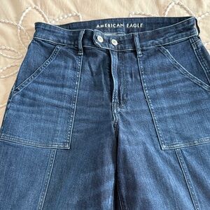 American Eagle Dark Blue denim super high rise baggy wide leg Jeans sz 10 EUC